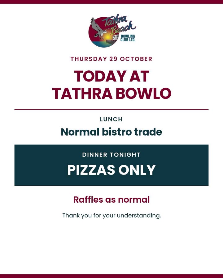 Featured image for “Today at Tathra Bowlo – Thursday 29 October Trading Update”