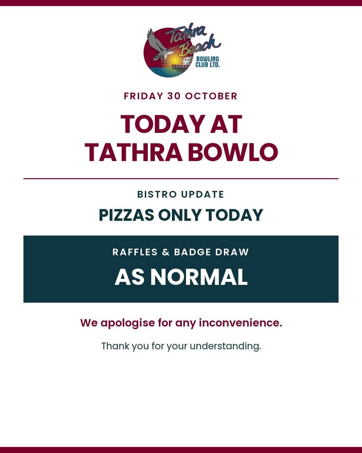 Featured image for “Bistro Update: Pizzas Only on Friday 30 October at Tathra Beach Bowling Club”